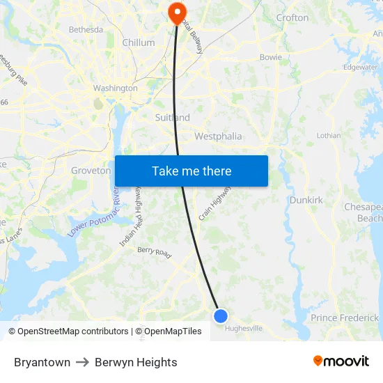 Bryantown to Berwyn Heights map