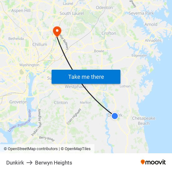 Dunkirk to Berwyn Heights map