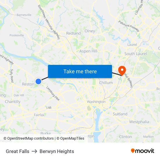 Great Falls to Berwyn Heights map