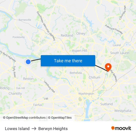 Lowes Island to Berwyn Heights map