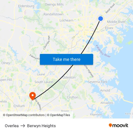 Overlea to Berwyn Heights map