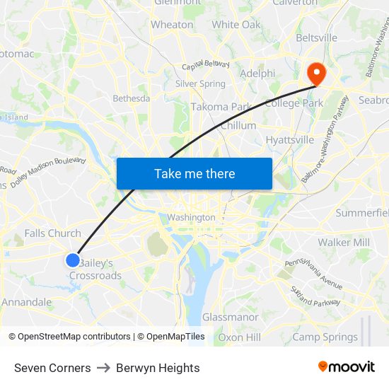 Seven Corners to Berwyn Heights map