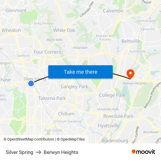 Silver Spring to Berwyn Heights map