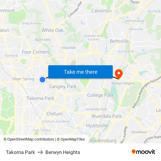 Takoma Park to Berwyn Heights map