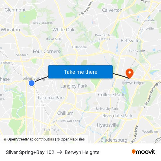 Silver Spring+Bus Bay 102 to Berwyn Heights map