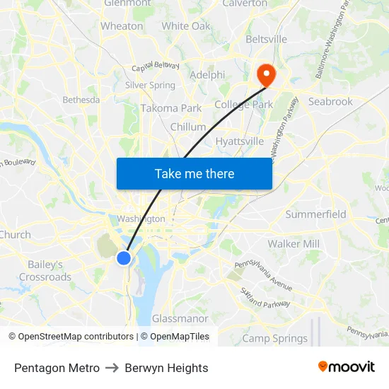 Pentagon Metro to Berwyn Heights map