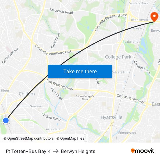 Fort Totten+Bay K to Berwyn Heights map