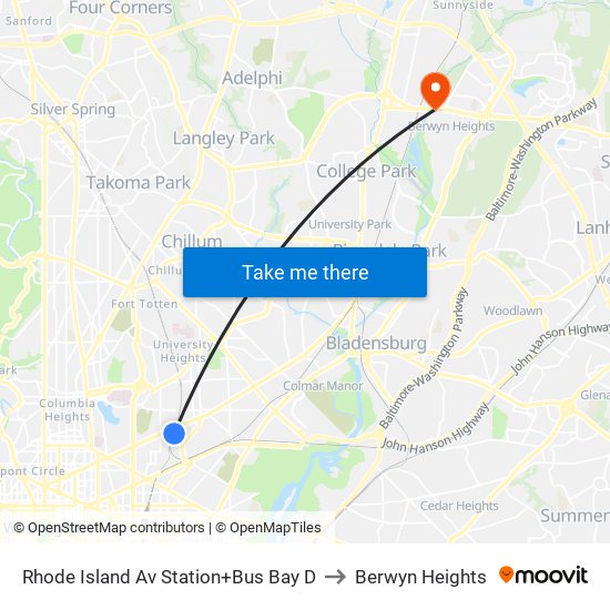 Rhode Island Av Station+Bus Bay D to Berwyn Heights map