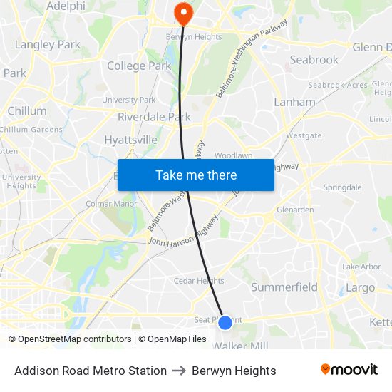 Addison Road Metro Station to Berwyn Heights map