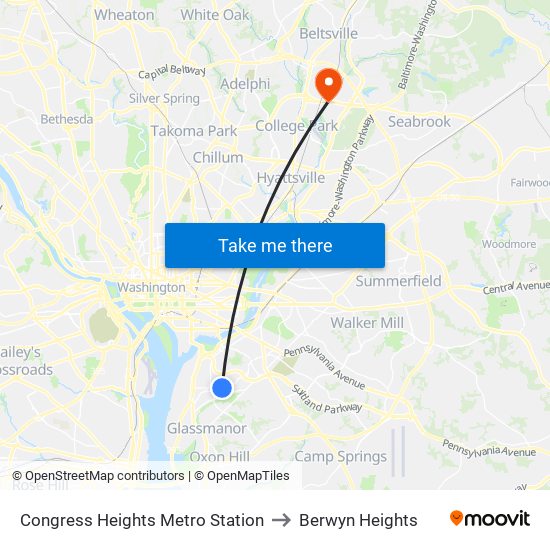 Congress Heights Metro Station to Berwyn Heights map