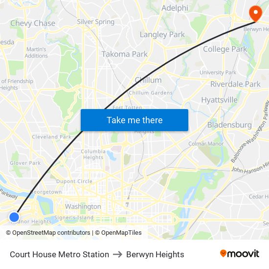 Court House Metro Station to Berwyn Heights map