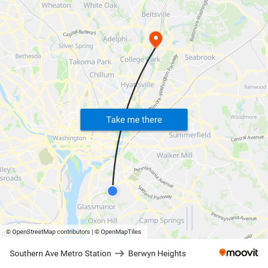 Southern Ave Metro Station to Berwyn Heights map