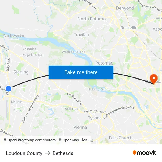 Loudoun County to Bethesda map