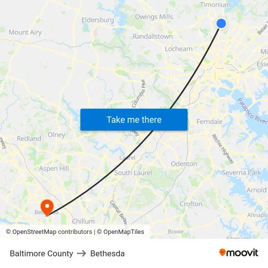 Baltimore County to Bethesda map