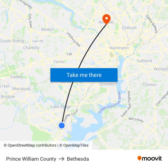 Prince William County to Bethesda map