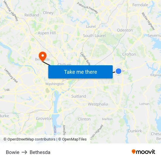 Bowie to Bethesda map