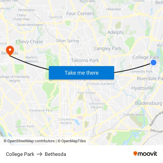 College Park to Bethesda map