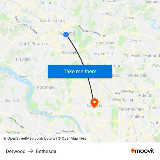 Derwood to Bethesda map