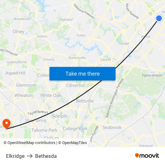 Elkridge to Bethesda map