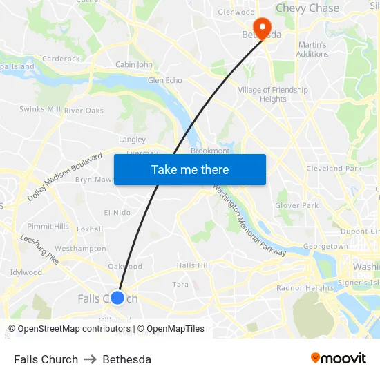 Falls Church to Bethesda map