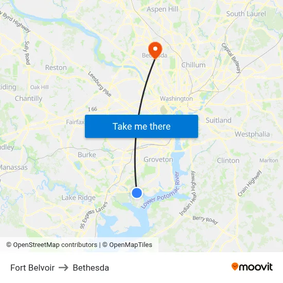 Fort Belvoir to Bethesda map