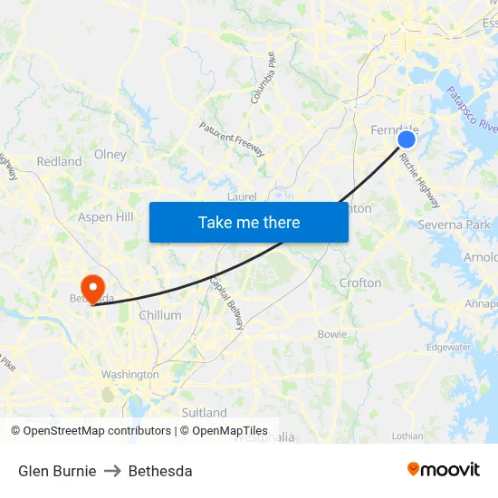 Glen Burnie to Bethesda map