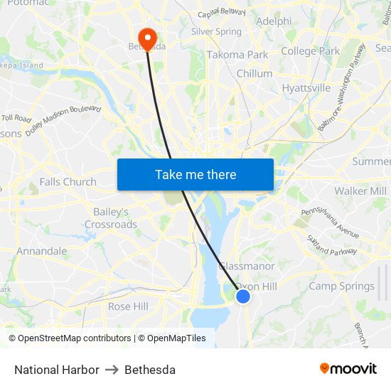 National Harbor to Bethesda map