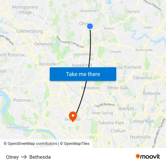 Olney to Bethesda map
