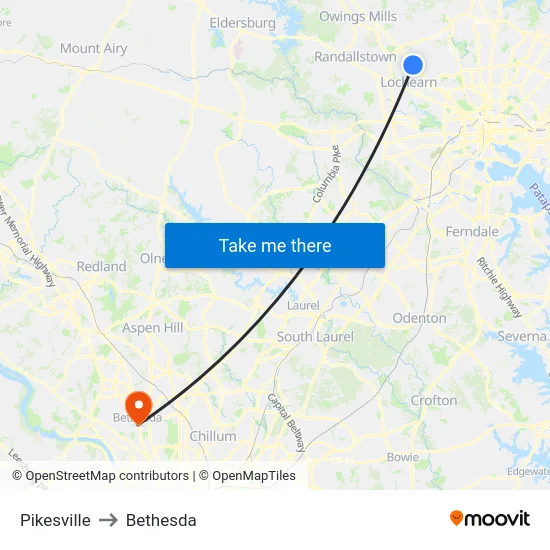 Pikesville to Bethesda map