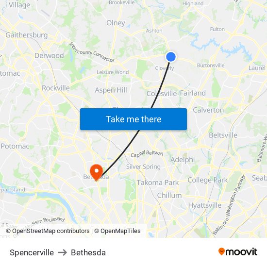 Spencerville to Bethesda map