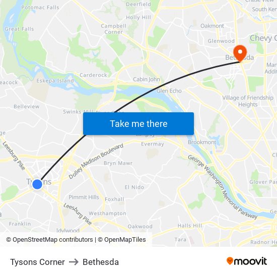 Tysons Corner to Bethesda map