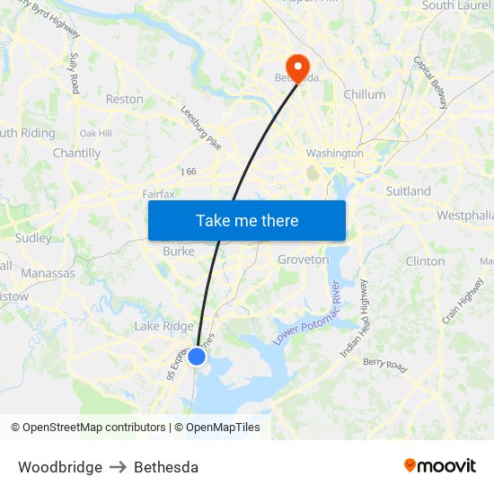 Woodbridge to Bethesda map