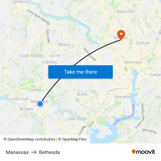 Manassas to Bethesda map