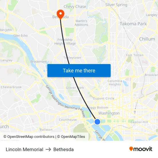 Lincoln Memorial to Bethesda map