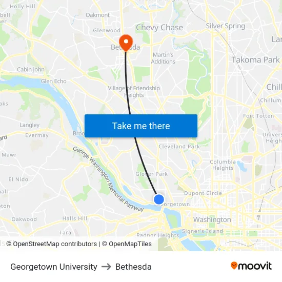 Georgetown University to Bethesda map