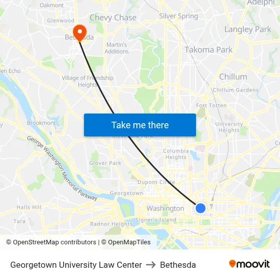 Georgetown University Law Center to Bethesda map