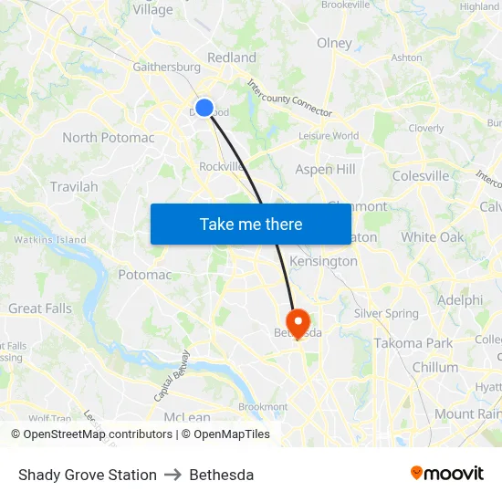 Shady Grove Station to Bethesda map