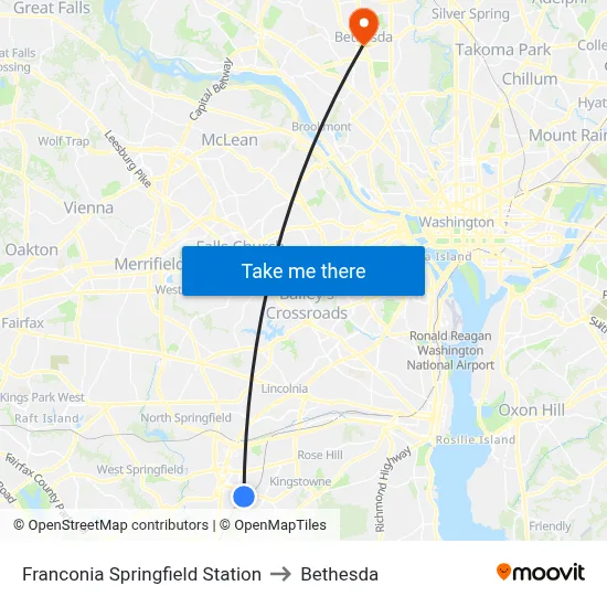Franconia Springfield Station to Bethesda map