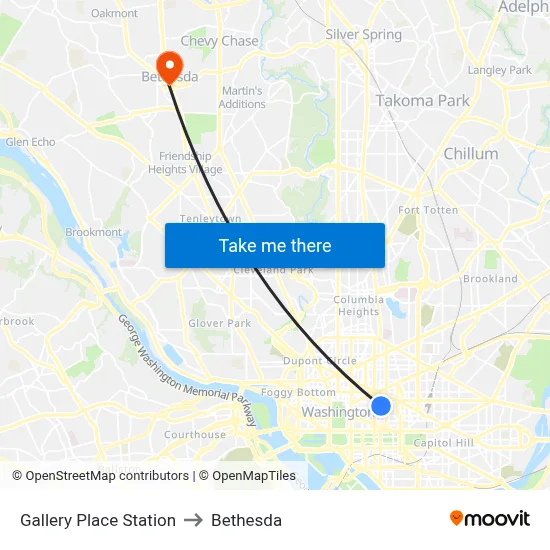 Gallery Place Station to Bethesda map