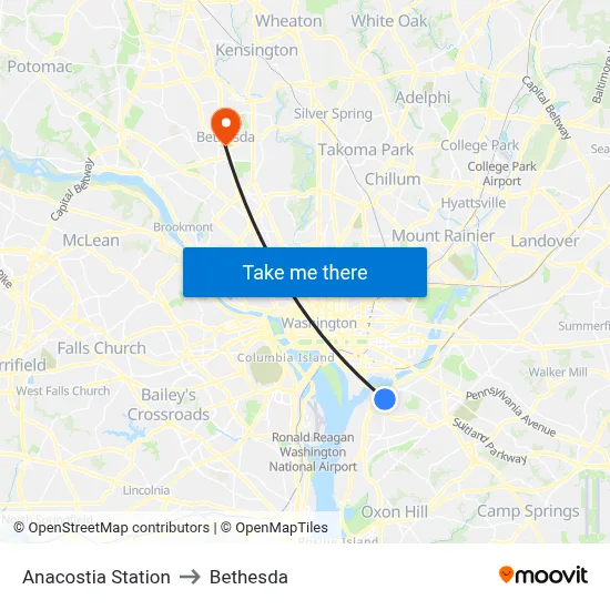 Anacostia Station to Bethesda map