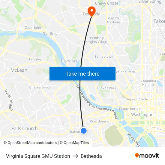 Virginia Square GMU Station to Bethesda map