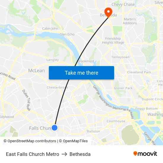East Falls Church Metro to Bethesda map