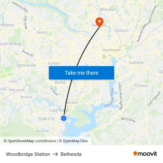 Woodbridge Station to Bethesda map