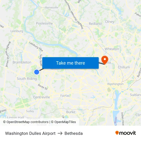 Washington Dulles Airport to Bethesda map