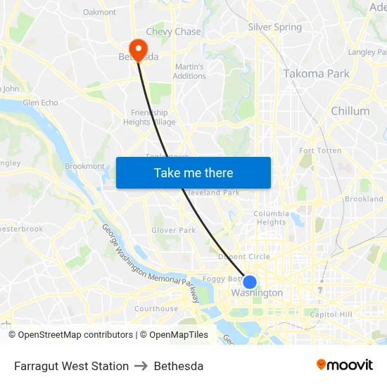 Farragut West Station to Bethesda map