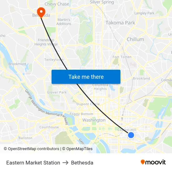 Eastern Market Station to Bethesda map