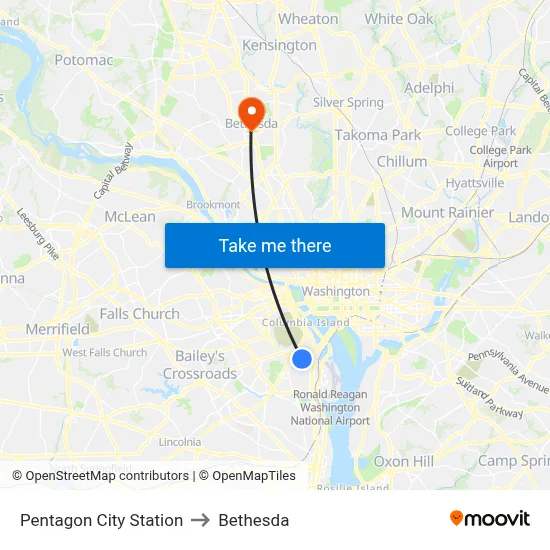 Pentagon City Station to Bethesda map