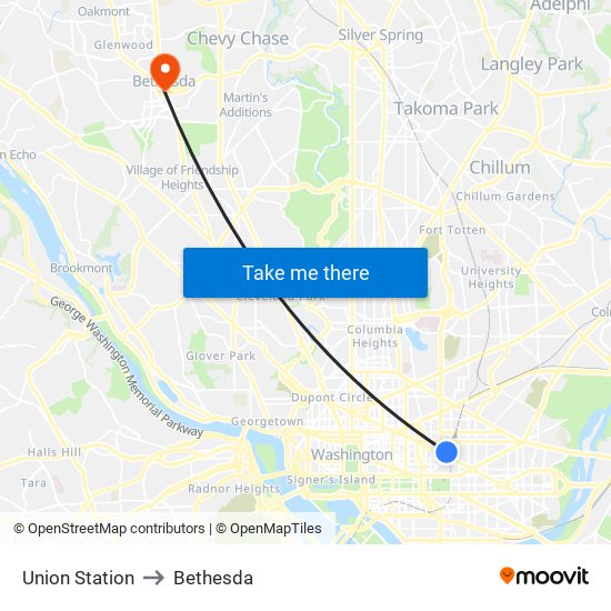 Union Station to Bethesda map