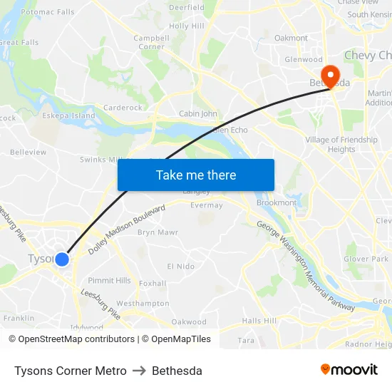 Tysons Corner Metro to Bethesda map