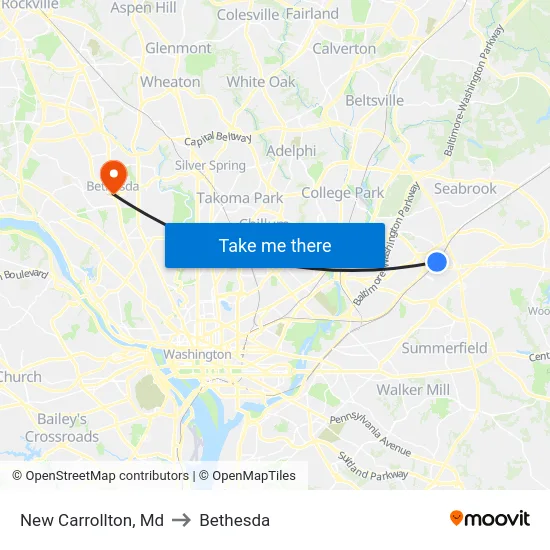 New Carrollton, Md to Bethesda map